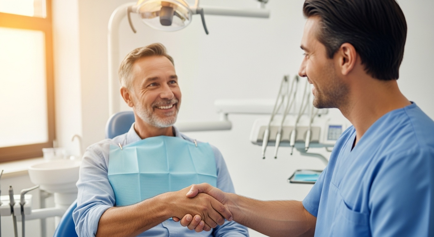 A happy patient shaking hands with his dentist after a same-day crown