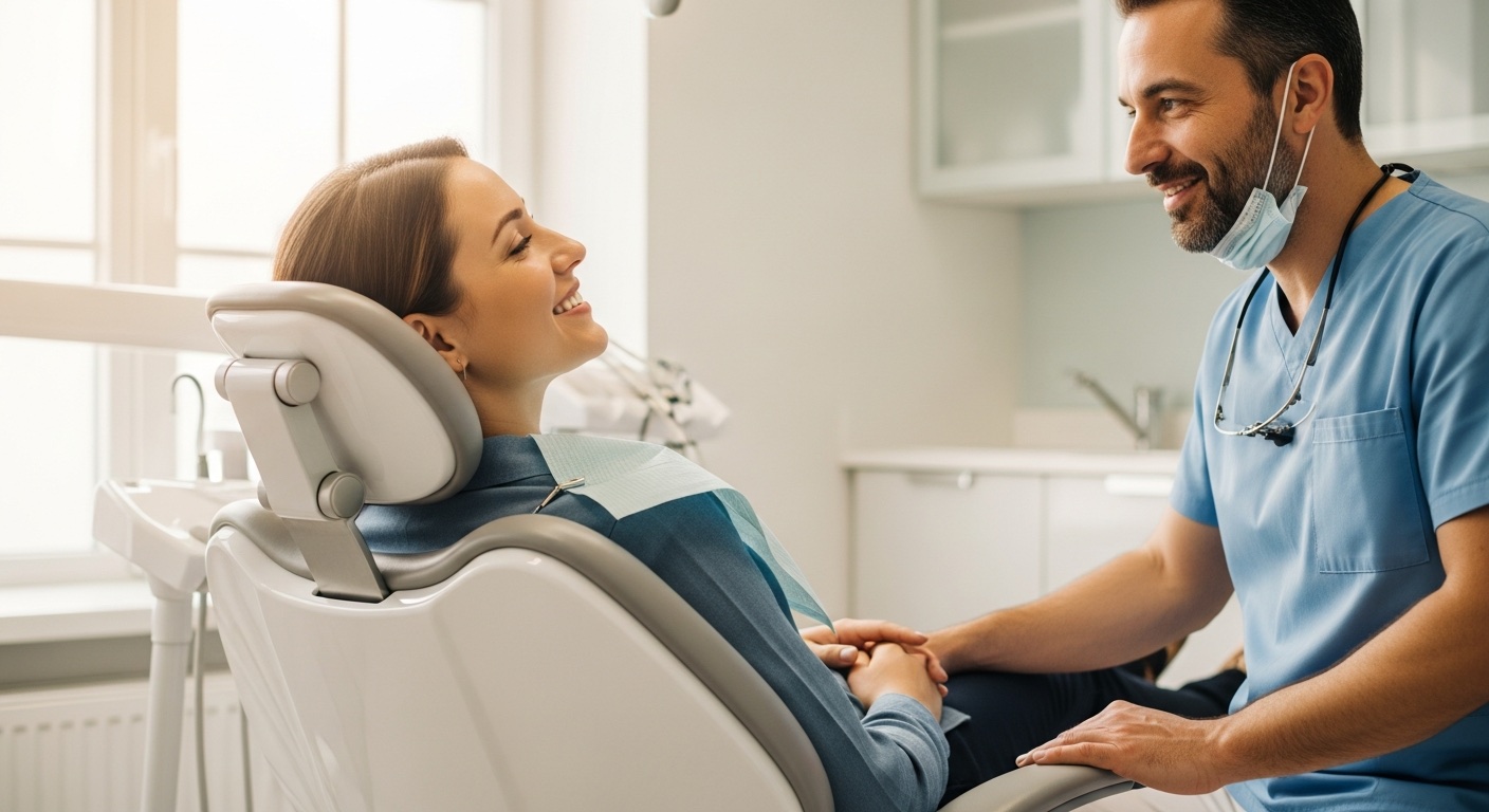 A relaxed patient smiling with her dentist during a gentle laser filling